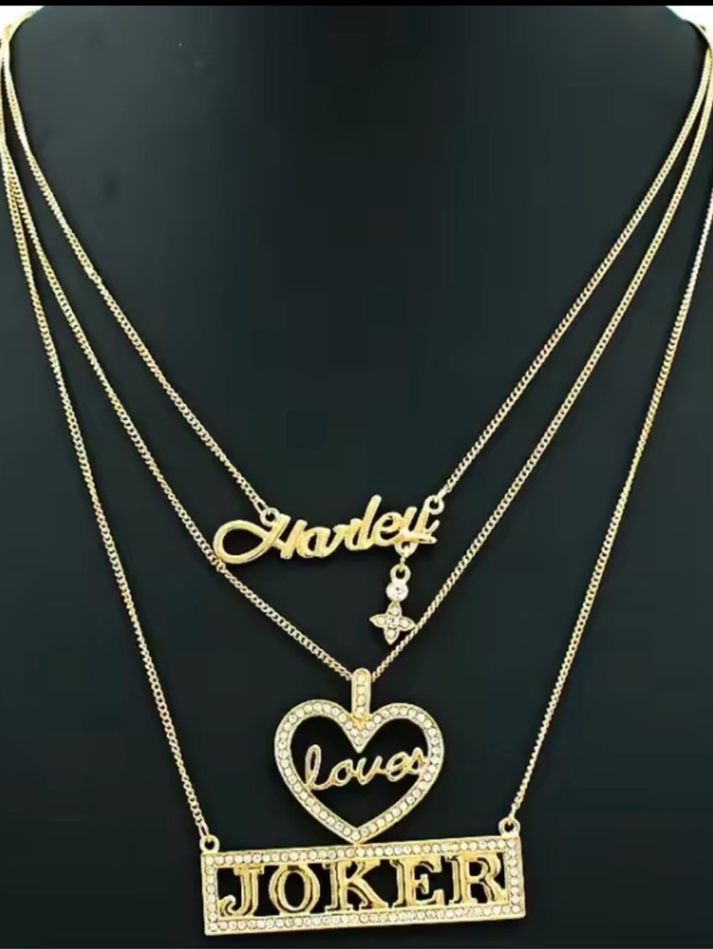 Gold Tone 'Harley Love Joker' Layered Name & Pendant Necklace